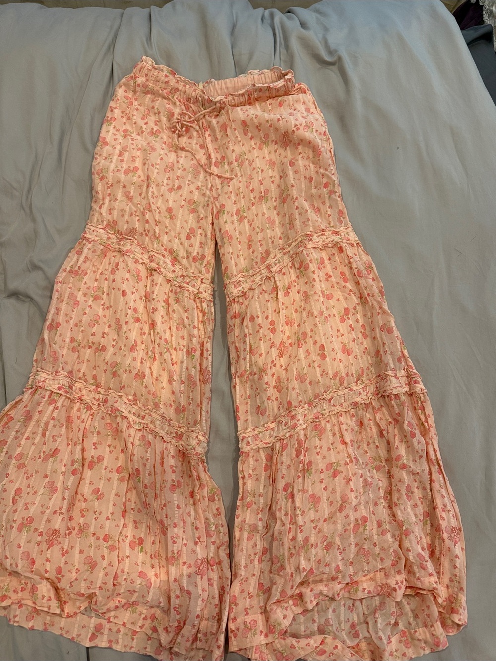 Free People Pink Floral Tiered Wide-Leg Pants